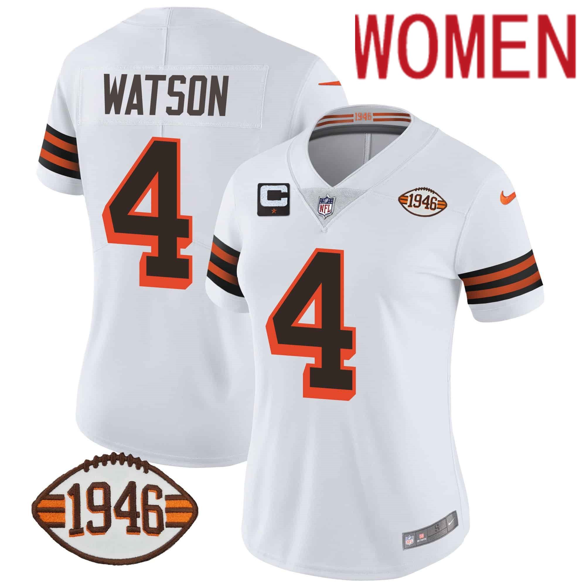 Women Cleveland Browns #4 Watson White 1946 75th Anniversary Patch 2024 Nike NFL Jersey
